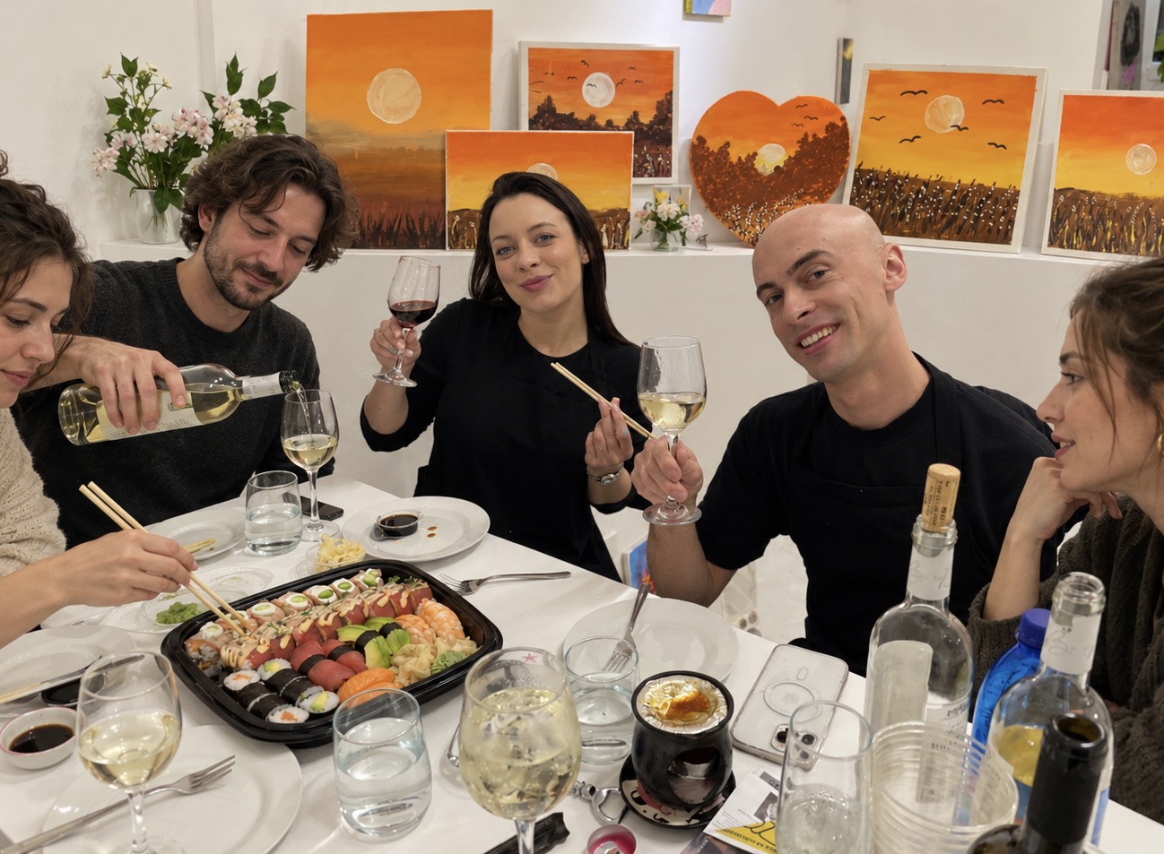 společný večer u vína a sushi v ateliéru