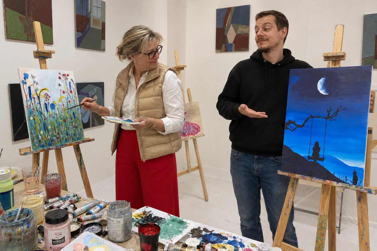 dva kolegové malují obrazy v galerii