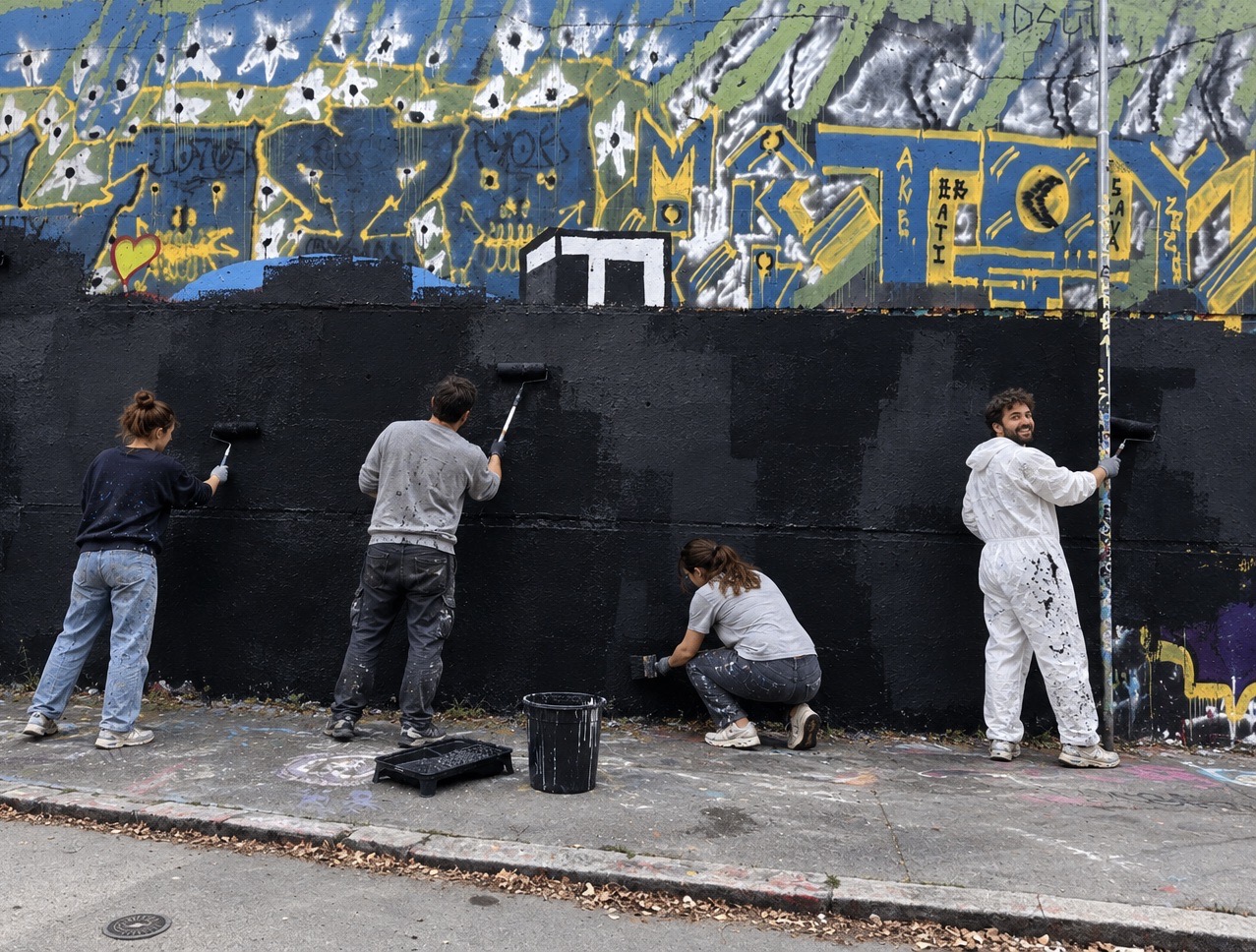 přetírání graffiti stěny černou barvou
